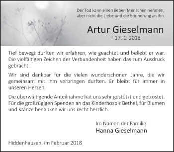Traueranzeige von Artur Gieselmann von Neue Westfälische