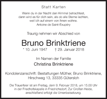 Traueranzeige von Bruno Brinktriene von Neue Westfälische