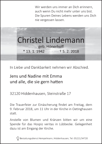 Traueranzeige von Christel Lindemann von Neue Westfälische