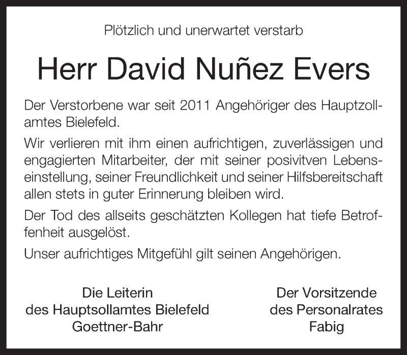  Traueranzeige für David Nunez Evers vom 05.02.2018 aus Neue Westfälische