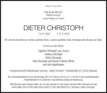 Traueranzeige von Dieter Christoph von Neue Westfälische