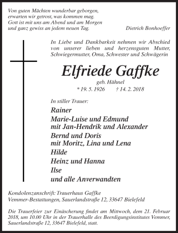 Traueranzeige von Elfriede Gaffke von Neue Westfälische