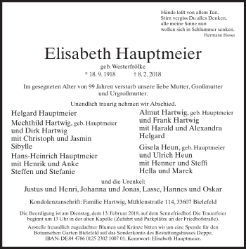 Traueranzeige von Elisabeth Hauptmeier von Neue Westfälische
