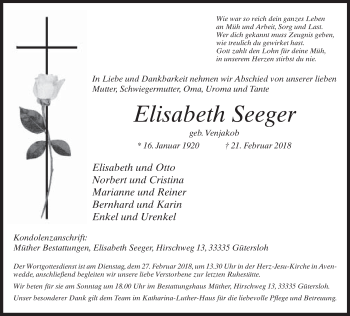 Traueranzeige von Elisabeth Seeger von Neue Westfälische