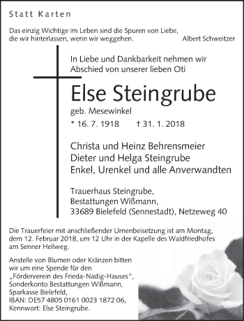 Traueranzeige von Else Steingrube von Neue Westfälische