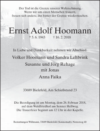 Traueranzeige von Ernst Adolf Hoomann von Neue Westfälische