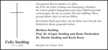 Traueranzeige von Felix Snelting von Neue Westfälische
