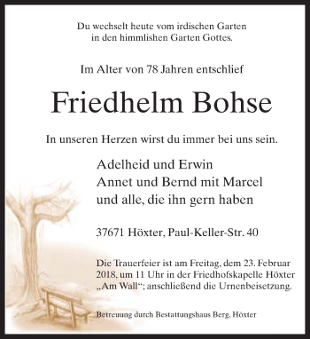 Traueranzeige von Friedhelm Bohse von Neue Westfälische