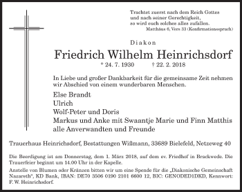 Traueranzeige von Friedrich Wilhelm Heinrichsdorf von Neue Westfälische
