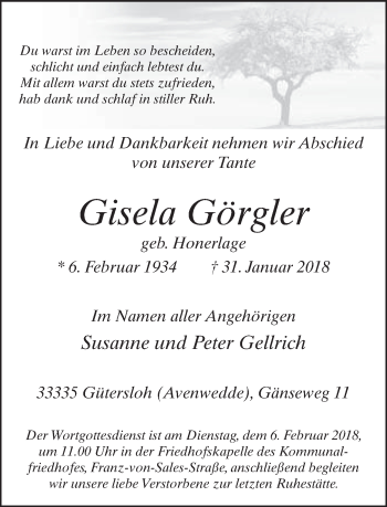 Traueranzeige von Gisela Görgler von Neue Westfälische