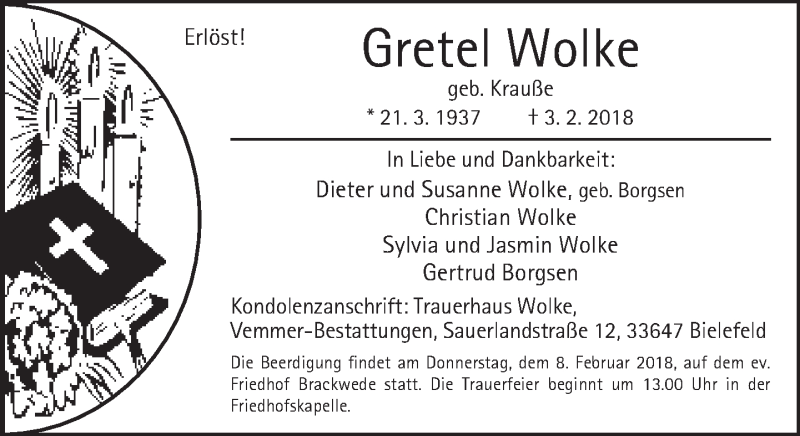  Traueranzeige für Gretel Wolke vom 07.02.2018 aus Neue Westfälische