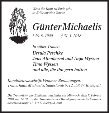 Traueranzeige von Günter Michaelis von Neue Westfälische