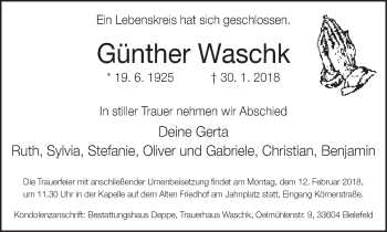 Traueranzeige von Günther Waschk von Neue Westfälische
