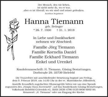Traueranzeige von Hanna Tiemann von Neue Westfälische