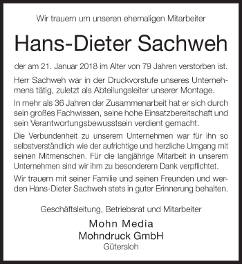 Traueranzeige von Hans-Dieter Sachweh von Neue Westfälische