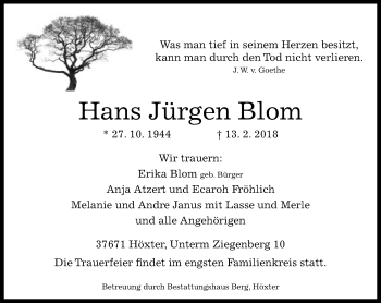 Traueranzeige von Hans Jürgen Blom von Neue Westfälische