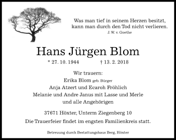Traueranzeige von Hans Jürgen Blom von Neue Westfälische