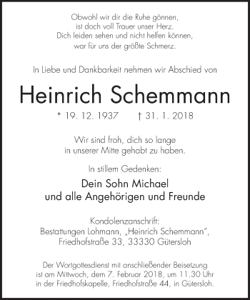 Traueranzeige von Heinrich Schemmann von Neue Westfälische