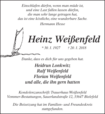 Traueranzeige von Heinz Weißenfeld von Neue Westfälische