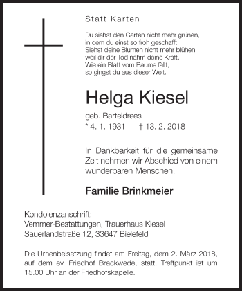 Traueranzeige von Helga Kiesel von Neue Westfälische