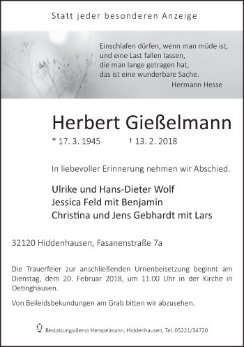 Traueranzeige von Herbert Gießelmann von Neue Westfälische