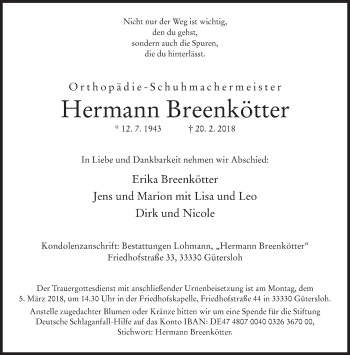 Traueranzeige von Hermann Breenkötter von Neue Westfälische