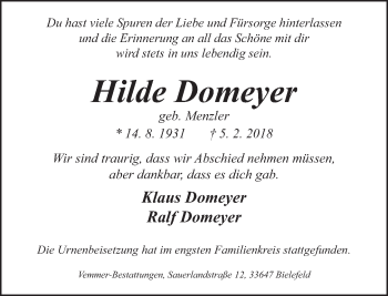 Traueranzeige von Hilde Domeyer von Neue Westfälische