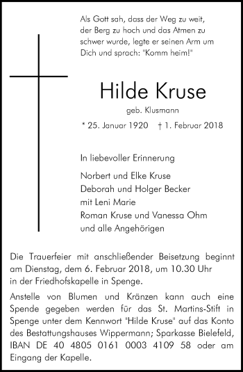 Traueranzeige von Hilde Kruse von Neue Westfälische