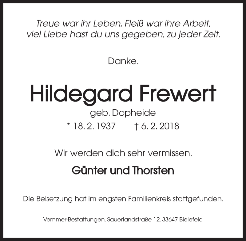  Traueranzeige für Hildegard Frewert vom 24.02.2018 aus Neue Westfälische