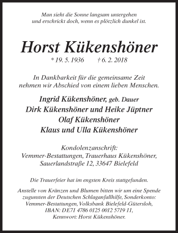 Traueranzeige von Horst Kükenshöner von Neue Westfälische