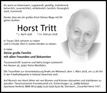 Traueranzeige von Horst Tritt von Neue Westfälische