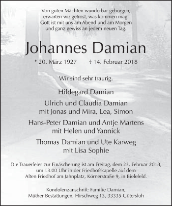 Traueranzeige von Johannes Damian von Neue Westfälische
