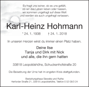 Traueranzeige von Karl-Heinz Hohmann