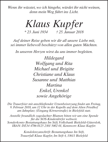 Traueranzeige von Klaus Kupfer von Neue Westfälische