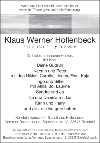 Traueranzeige von Klaus Werner Hollenbeck von Neue Westfälische