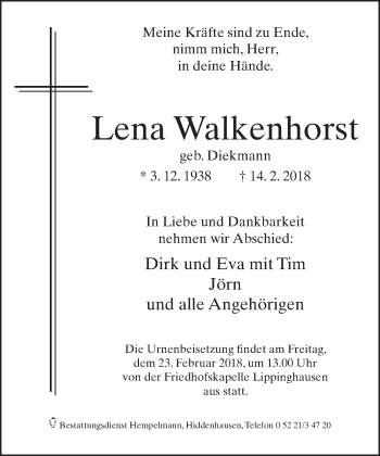 Traueranzeige von Lena Walkenhorst von Neue Westfälische