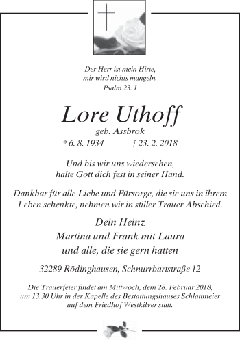 Traueranzeige von Lore Uthoff von Neue Westfälische