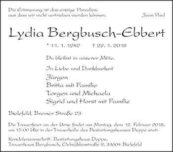 Traueranzeige von Lydia Bergbusch-Ebbert von Neue Westfälische