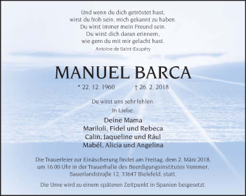 Traueranzeige von Manuel Barca von Neue Westfälische