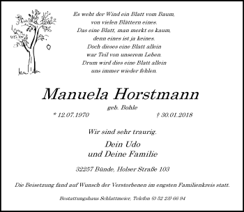 Traueranzeige von Manuela Horstmann von Neue Westfälische