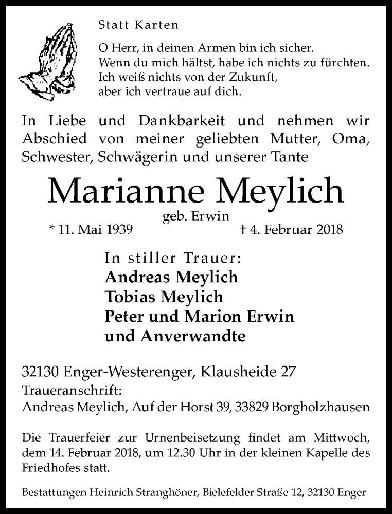  Traueranzeige für Marianne Meylich vom 09.02.2018 aus Neue Westfälische