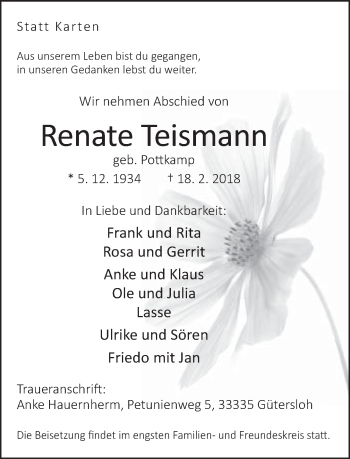 Traueranzeige von Renate Teismann von Neue Westfälische