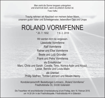 Traueranzeige von Roland Vormfenne von Neue Westfälische