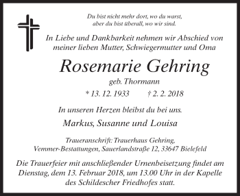 Traueranzeige von Rosemarie Gehring von Neue Westfälische