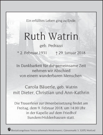 Traueranzeige von Ruth Watrin von Neue Westfälische