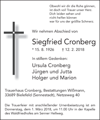Traueranzeige von Siegfried Cronberg von Neue Westfälische