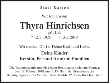 Traueranzeige von Thyra Hinrichsen von Neue Westfälische