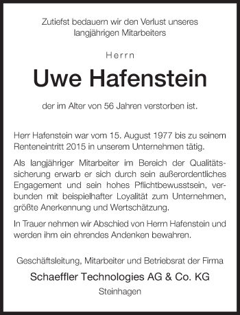 Traueranzeige von Uwe Hafenstein von Neue Westfälische