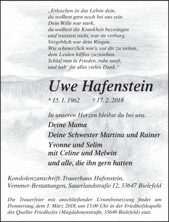 Traueranzeige von Uwe Hafenstein von Neue Westfälische