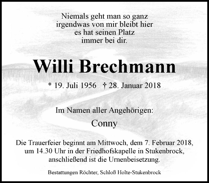  Traueranzeige für Willi Brechmann vom 03.02.2018 aus Neue Westfälische